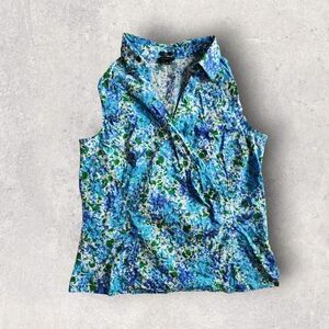 4/$50⭐️TALBOTS Stretch Sleeveless Blouse Blue Floral V Neck Size 14